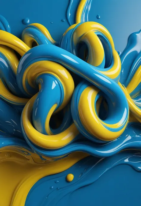 create background of two thick intertwined liquids of blue and yellow color creating the word design