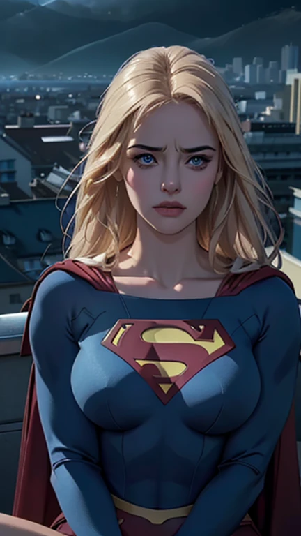 supergirl, sitting on a rooftop building, lost in deep thought, looking at the city, perfect eye, beautiful highly detailed eyes, beautiful blue eyes, both eyes are similar, beautiful detailed lips, extremely detailed face, beautiful detailed tight costume...