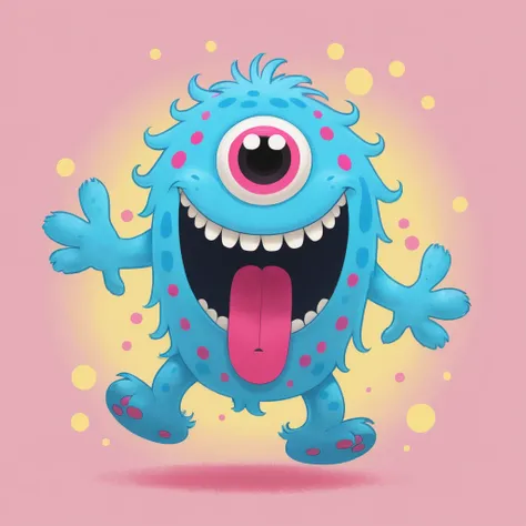 cute monster jumping,  sky blue fur, pink spots,2 arms, 2 legs,cola, drawing, illustration, smiley with big teeth