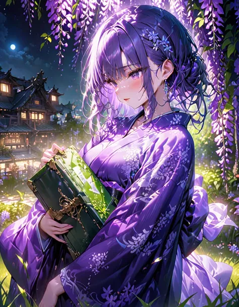 朧月、woman in purple kimono、look down、wisteria flower、green grass、night、moonlight、(((masterpiece))), (highest quality), (super det...