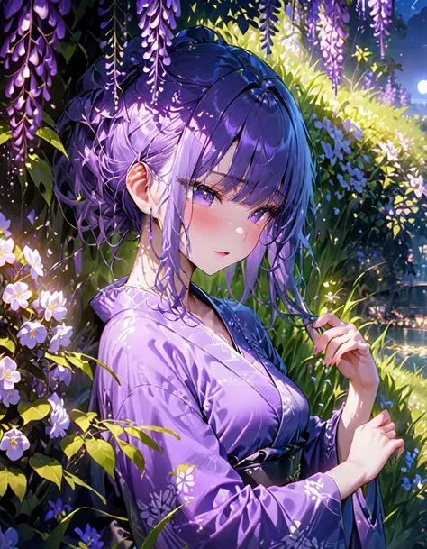 朧月、woman in purple kimono、look down、wisteria flower、green grass、night、moonlight、(((masterpiece))), (highest quality), (super det...