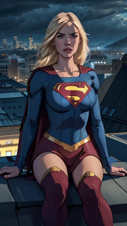 supergirl, sitting on a rooftop building, lost in deep thought, looking at the city, perfect eye, beautiful highly detailed eyes...