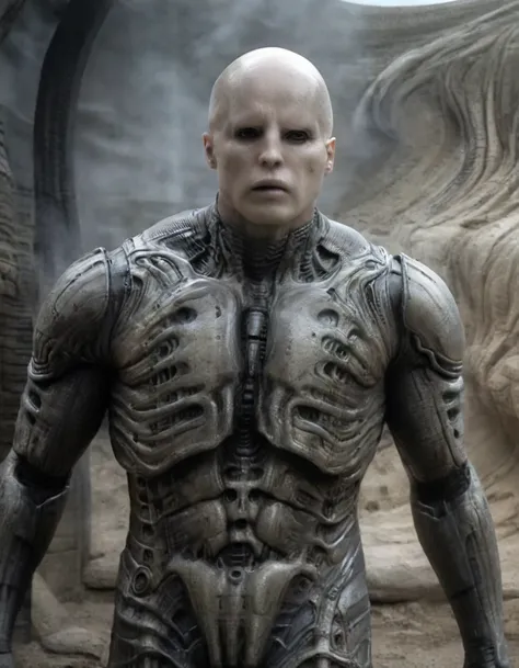 engineer1024, cinematic movie still of the prometheus movie by ridley scott, a bald pale semi-alien male with dark black eyes, i...