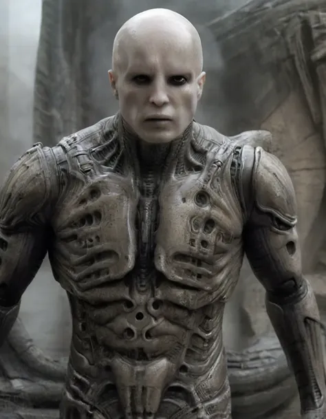 engineer1024, cinematic movie still of the prometheus movie by ridley scott, a bald pale semi-alien male with dark black eyes, i...