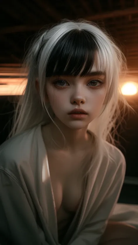 Woman with black hair, gray eyes, white skin, lying surrounded, grunge style, Bangs, small eyes, pretty girl, 8k, white wigs,Sunset, 2000s, full body toned, nsfw 