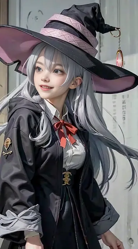 in the lyrics,witch hat,black robe,collared shirt,yellow ribbon,a light smile,large breasts,highest quality, gray hair