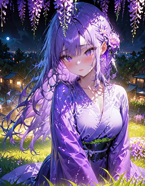 朧月、woman in purple kimono、look down、wisteria flower、green grass、night、moonlight、(((masterpiece))), (highest quality), (super det...