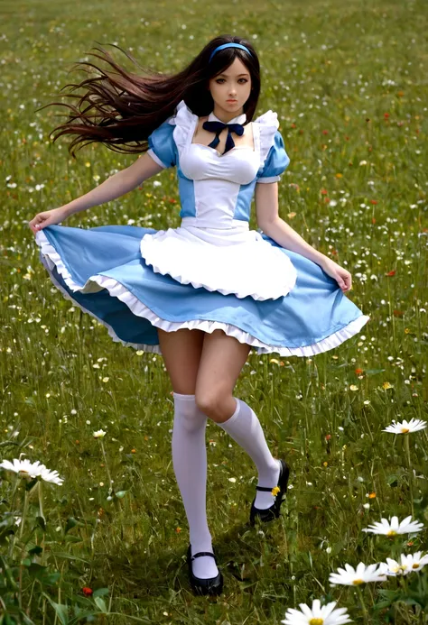 character alice from alice in wonderland, playing in a meadow, with few clothes, sexy, strong wind, free hair, oppai, high quali...