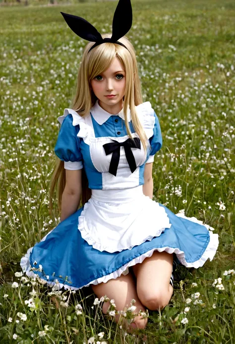 character alice from alice in wonderland, playing in a meadow, with few clothes, sexy, strong wind, free hair, oppai, high quali...