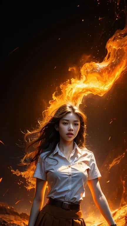 (fire element:1.1), knee shot, it consists of fire element,fire,transparency,burning,(molten rock),frame print,burning hair,smok...