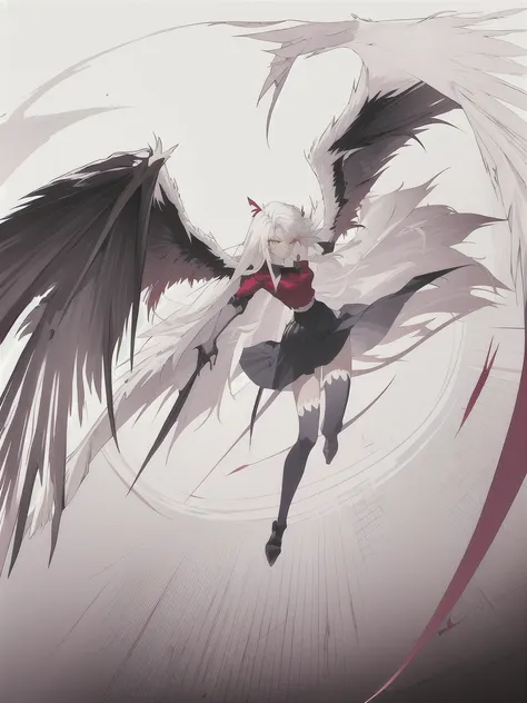 Vaggie, beautiful, dynamic wings and landing pose, solo, perfect anatomy, red shirt, black skirt, white hair, 