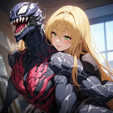 ((Highest quality)), ((masterpiece)), (detailed), （Perfect Face）、The woman is Tiare, a green-eyed, blonde, medium-long-haired female Venom, whose body has been completely transformed into Venom and who is wearing a Venom suit.、The woman is happily cuddling...