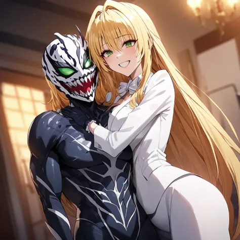 ((Highest quality)), ((masterpiece)), (detailed), （Perfect Face）、The woman is Tiare, a blonde with medium-long hair and green eyes.、The woman is wearing a wedding Venom suit and a wedding Venom mask, and is happily embracing the Venom man as they get marri...