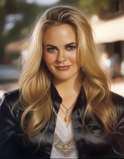 (aliciasilverstone)  blonde hair,(art by tim okamura:1.0) , photograph, luminous thick girl, wearing satin shirt, cel shading,fi...