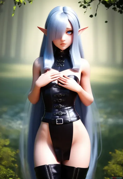 A detailed gnome girl with pale skin, short stature, and very long silver hair that curls at the ends, covering one eye, with small breasts, pouty lips, and bright blue anime-style eyes with long lashes, wearing a leather corset, white puffy-sleeved shirt,...