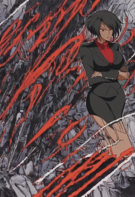 Make a anime black business woman in a red skirt suit 