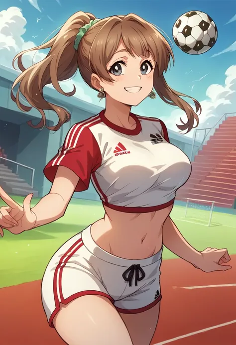 Masterpiece, best quality,Minami kotori, cowboy shot,1girl, smile, cropped shirt, earrings, white shorts,red sportswear, red soccer_uniform, soccer, adidas, breasts, midriff 