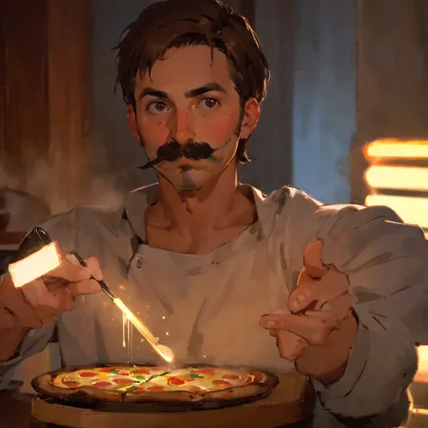 close up shot of 1guy, 30 years old, pizzaiolo, short brown hair, moustache, cinematic shot, beautiful lighting, masterpiece.