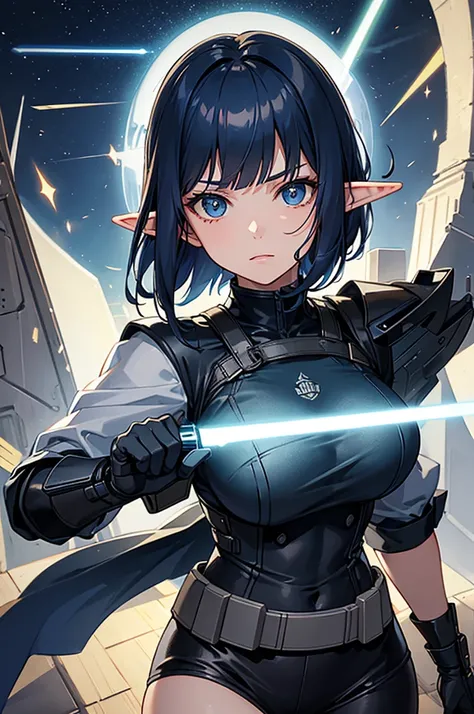 Create a high-quality image featuring an elf girl with dark navy-blue hair and straight-cut bangs. She is a member of a special forces police unit, holding a lightsaber. The background should feature a city inside a dome, with a black armored vehicle besid...