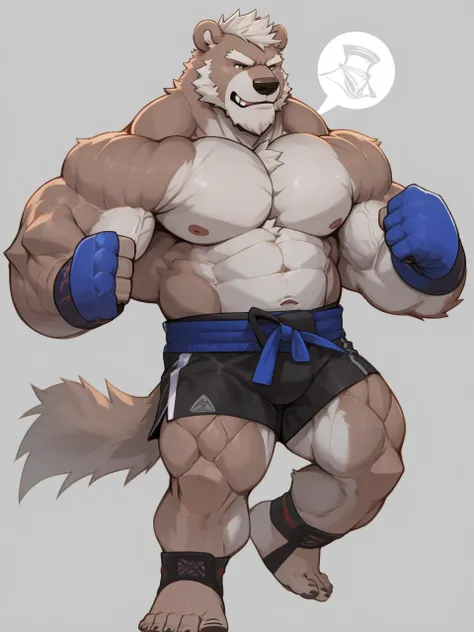 solo, 1boy, Huge Muscular Old Grizzly Bear wearing kickboxing MMA belt , thick pectoral, thick arms, huge pectoral, wide pectoral, hige brown fur, short white hair, Kickboxing MMA shorts, kickboxing MMA gloves, Kickboxing MMA Footwear 5 toes and shirtless,...