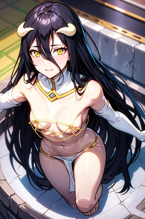 albedow, albedowings, medium breasts, long black hair, yellow eyes,, white elbow gloves, looking at viewer, evil smile, parted lips, cowbot shot, indoors, marble floor , naked,   , (((young))) , no clothes,  flat chest, age regretion , small 