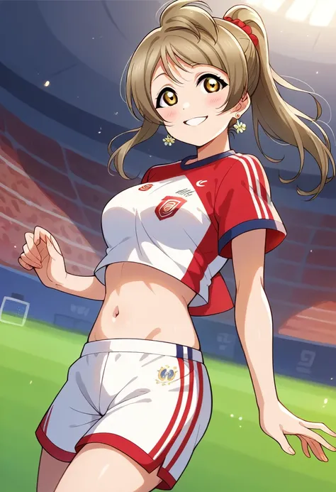 masterpiece, best quality, kotori minami, love live style cowboy shot,1girl, smile, cropped shirt, earrings, white shorts,red sp...