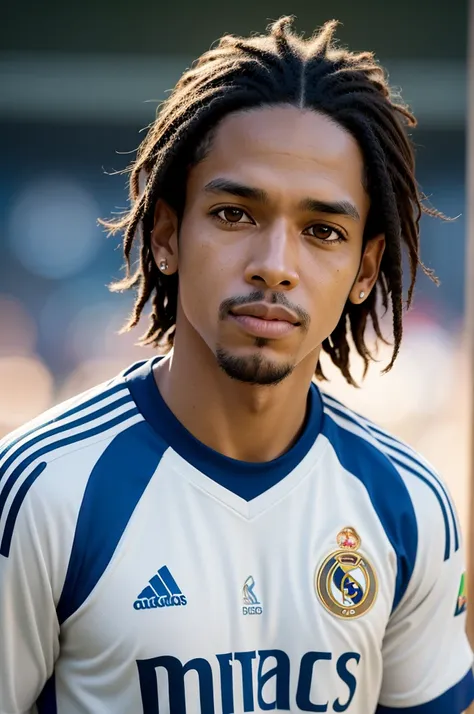 Make a Pixar photo of a man with big brown eyes, short brown hair with a Real Madrid shirt and looking like Ronaldinho from Rio Grande do Sul 