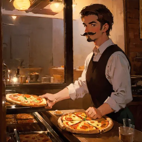 1guy, 30 years old, pizzaiolo, short brown hair, light moustache, cinematic shot, beautiful lighting, masterpiece.