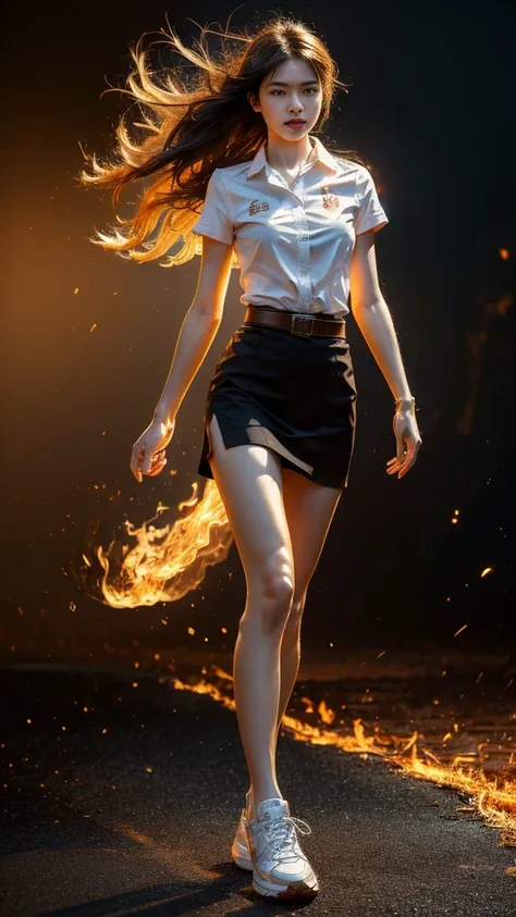 (fire element:1.2), knee shot, it consists of fire element,fire, transparency, burning, frame print,burning hair,smoke,cloud,cho...