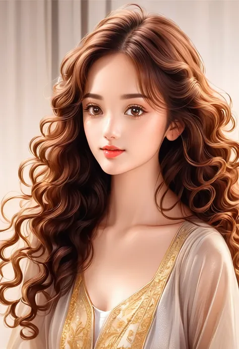 (1) young woman (long curly brown hair) rounded face (Brown eyes) (small-nose) gura (big lips) whitish golden skin 