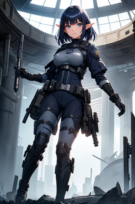 Create a high-quality image featuring an elf girl with dark navy blue hair and straight-cut bangs. She is a member of a special forces police unit, holding a lightsaber. The background should feature a city inside a dome, with a black armored vehicle besid...