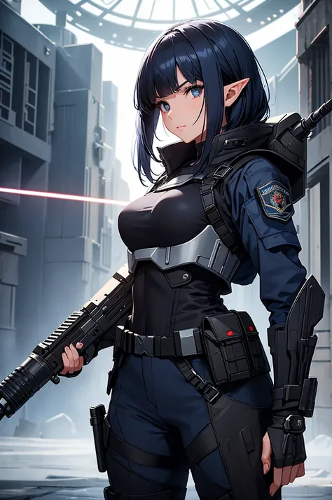 Create a high-quality image featuring an elf girl with dark navy blue hair and straight-cut bangs. She is a member of a special forces police unit, holding a lightsaber. The background should feature a city inside a dome, with a black armored vehicle besid...