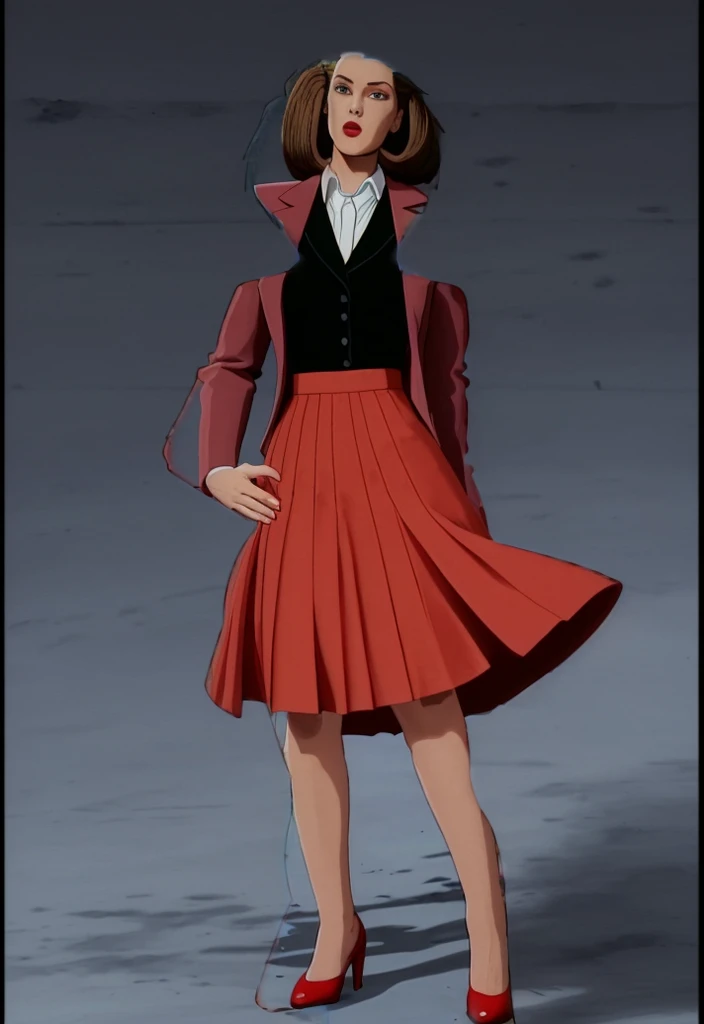 Make a anime black skinned business woman in a red skirt suit 