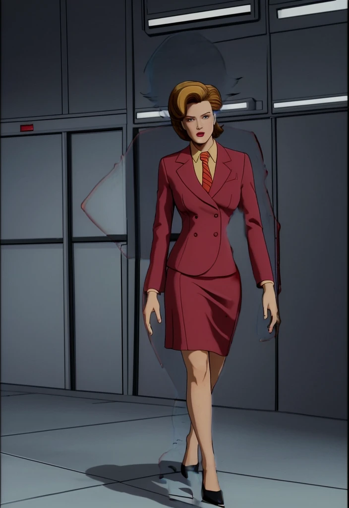 Make a anime black skinned business woman in a red skirt suit 