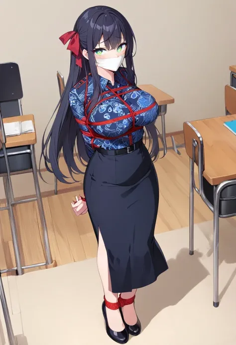 score_9, score_8_up, source_anime, 1girl, solo, long hair,black hair, hair ribbon, green eyes,high-waist skirt, The uniform features a vibrant, blue batik patterned shirt with long sleeves. A simple black belt cinches the waist.,long skirt, blue navy skirt...