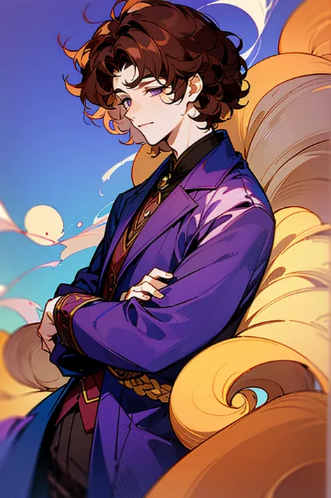 ((masterpiece)), ((one man)), man, late 40s, brown skin, pearl eyes, velvet hair, short hair, short curly hair, ((curly hair)), curly hair, tall, handsome, pretty, mature, purple clothes,