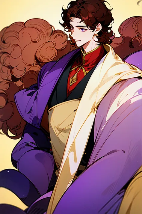 ((masterpiece)), ((one man)), man, late 40s, brown skin, pearl eyes, velvet hair, short hair, short curly hair, ((curly hair)), curly hair, tall, handsome, mature, purple clothes,