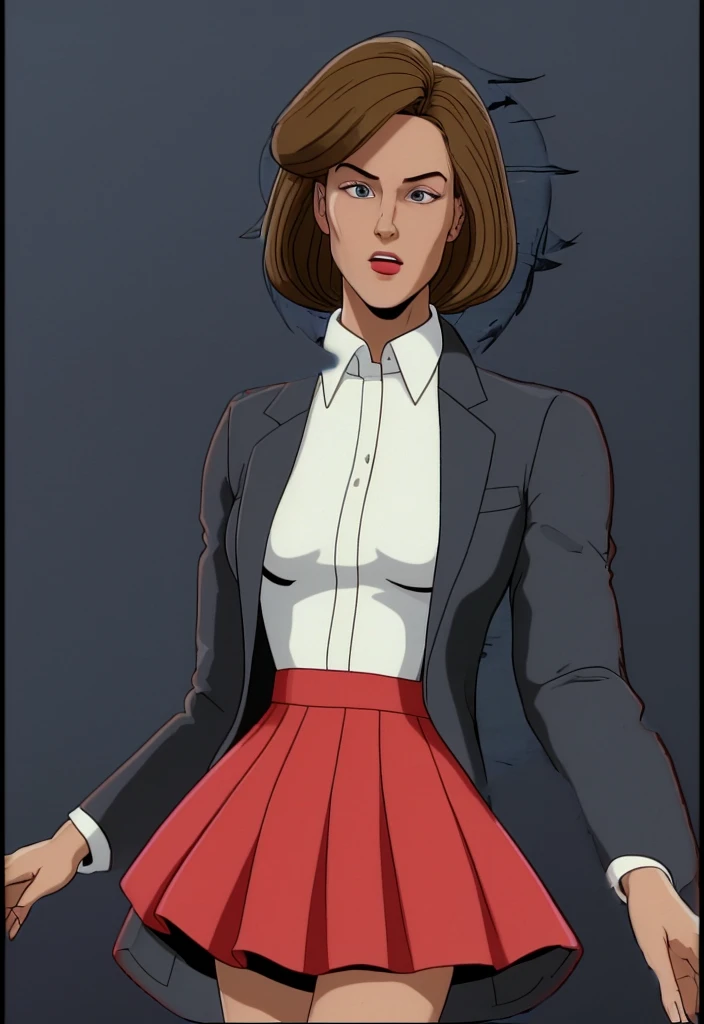 Make a anime dark skinned business woman in a red skirt suit 