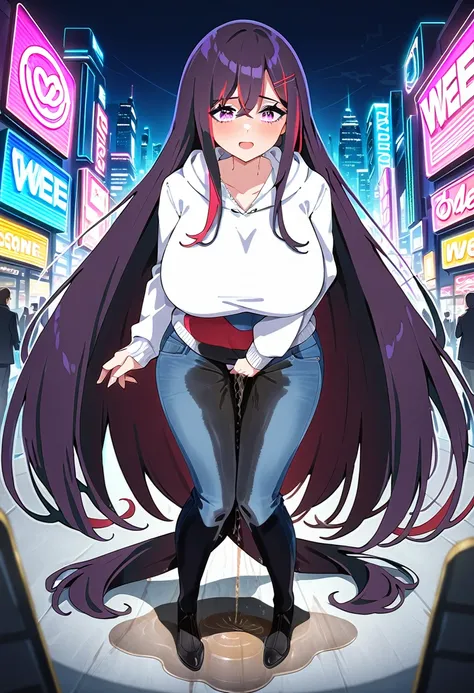 (masterpiece:1.37), best quality, (extremely detailed:1.37), woman, mature, adult, large breasts, (very long hair:1.5), dark purple hair, purple eyes, (extremely detailed eyes:1.37), hoodie, jeans, desperation, (wetting self:2.0), standing, city, futuristi...