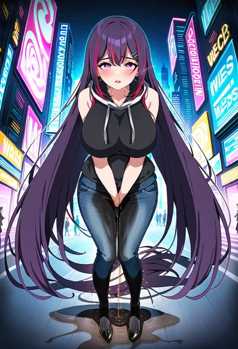 (masterpiece:1.37), best quality, (extremely detailed:1.37), woman, mature, adult, large breasts, (very long hair:1.5), dark purple hair, purple eyes, (extremely detailed eyes:1.37), hoodie, jeans, desperation, (wetting self:2.0), standing, city, futuristi...