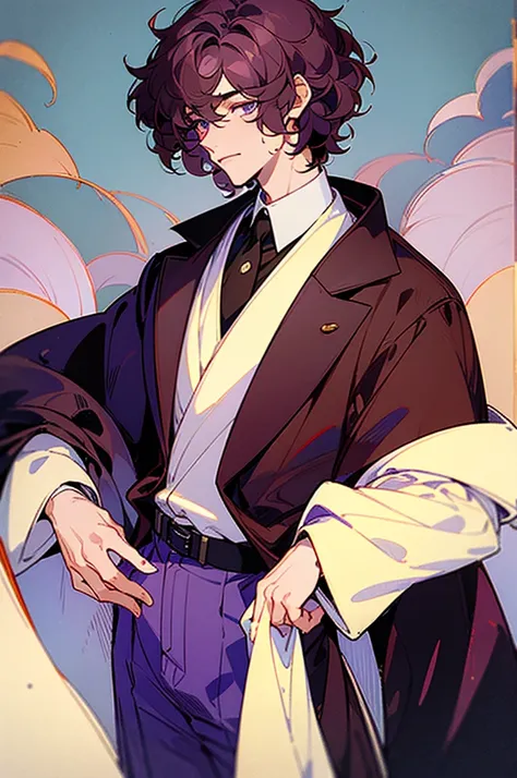 ((masterpiece)), ((one man)), man, late 40s, dark skin, pearl eyes, detailed eyes, velvet hair, short hair, short curly hair, ((curly hair)), curly hair, tall, handsome, mature, purple clothes,
