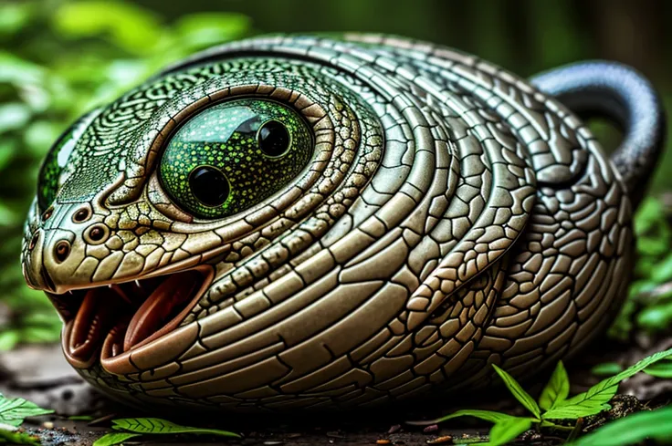 image of a futuristic, cyberpunk boa constrictor looking directly at the camera with a penetrating and mesmerizing gaze. its hea...