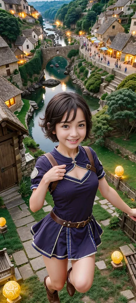 Ultra detailed really cute mrunalt flying over a village, young adult woman with short hair, with nice shiny eyes smiling surrounded by cute slimes, focus on face, sharp focus, magic, soft tetradic colors, cartoon vector, volumetric lights, very detailed d...