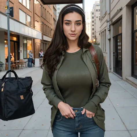 Extremely busty thin and toned brunette photographer, college girl, fair skin, loose side sweep, soft face, athletic, bandana babushka headwrap, tight olive green casual windbreaker, skinny jeans. standing in front of her apartment building, outdoors, city...