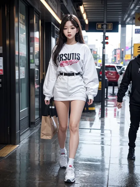 Jennie Kim, the iconic BLACKPINK rapper and singer, is in Seoul on a rainy day. Despite the downpour, she radiates confidence and style as she walks through the city&#39;s busy streets. Her black long-sleeved top matches perfectly with her transparent umbr...