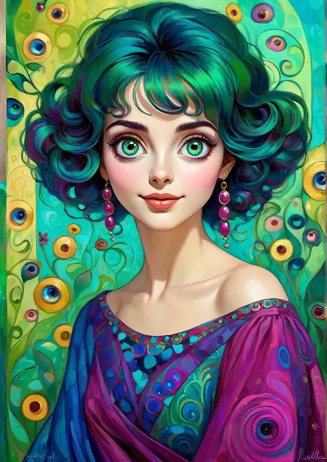 Happy colorful woman big eyes, bella, realistic cartoon proportion, wow of art, attractive,estilo Gustav Klimt, green Blue, cyan, magenta 