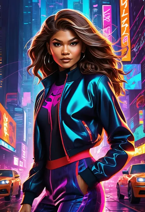 (Masterpiece artwork, 8K, uhd, high resolution: 1.4), vibrant portrait of Zendaya in Spider-Verse art style, (stylized and dynamic features: 1.3), (long and wavy hair, brown color: 1.2), (expressive and lively eyes: 1.3), (wearing modern and stylish clothe...