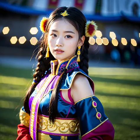 ((best quality)), ((masterpiece)), (detailed), 1 Beauty, Portraiture ，Character leaning to the right，Mongolian national costume，Background Ulaanbaatar，Blurred Background，night