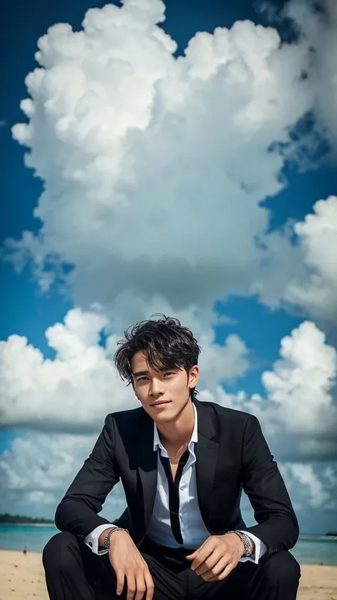 handsome man, wearing a black suit, sitting on the beach, very beautiful clouds, background full of coconut trees.