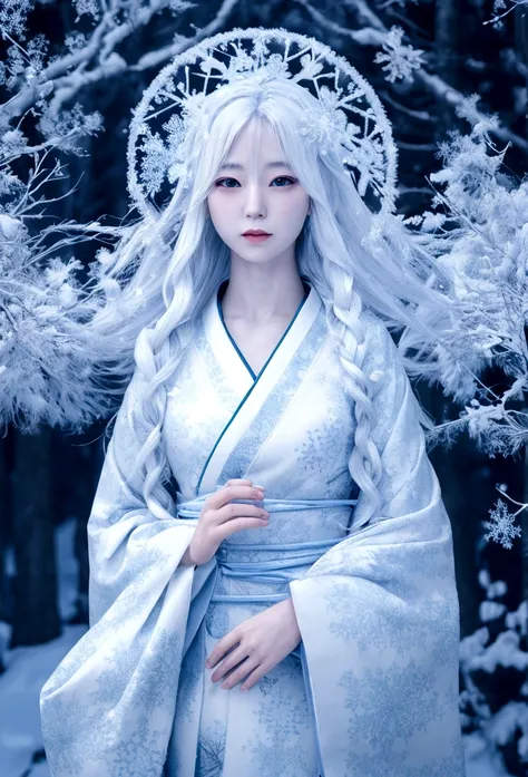 Ethereal snow woman, traditional Japanese folklore, pale skin, long flowing white hair, kimono made of frost patterns, surrounded by swirling snowflakes, moonlit winter forest background, mysterious aura, soft blue and white color palette, digital art styl...